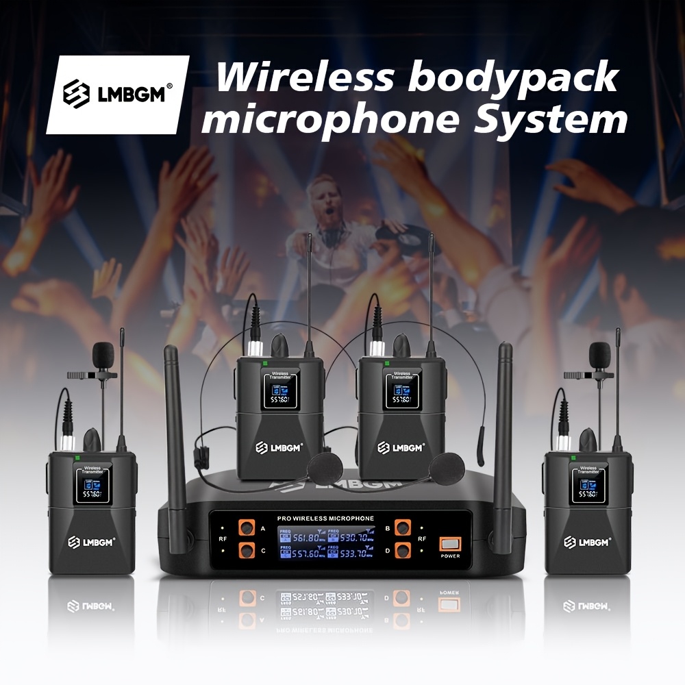 Wireless Lavalier Microphone Dual Receiver - LMBGM-D44 Wireless Microphone System 4 Channel