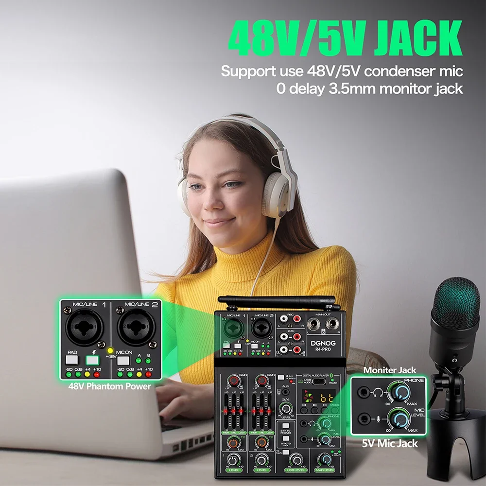 USB 4 Kênh Trộn Âm Thanh Không - đánh giá và giá Karaoke Amplifier Mixer Bluetooth